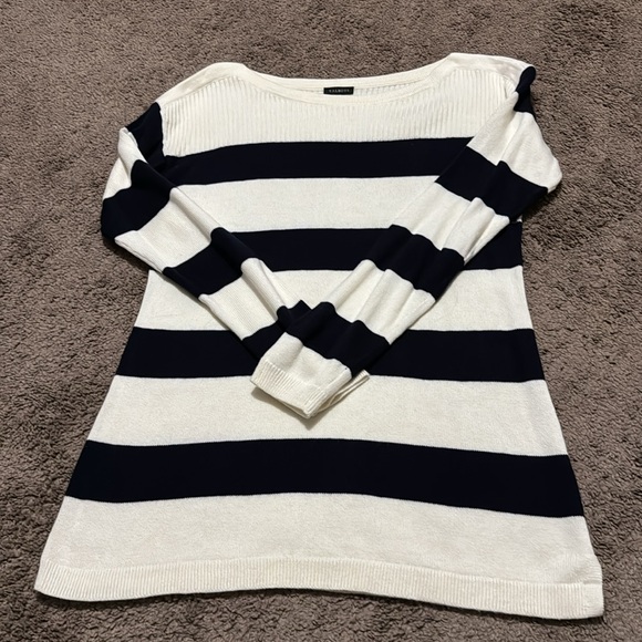 Talbots Cotton Rayon Sweater-Sz S-Navy Cream Stripes-Wider Neck-Notched Side-EUC - Picture 16 of 16